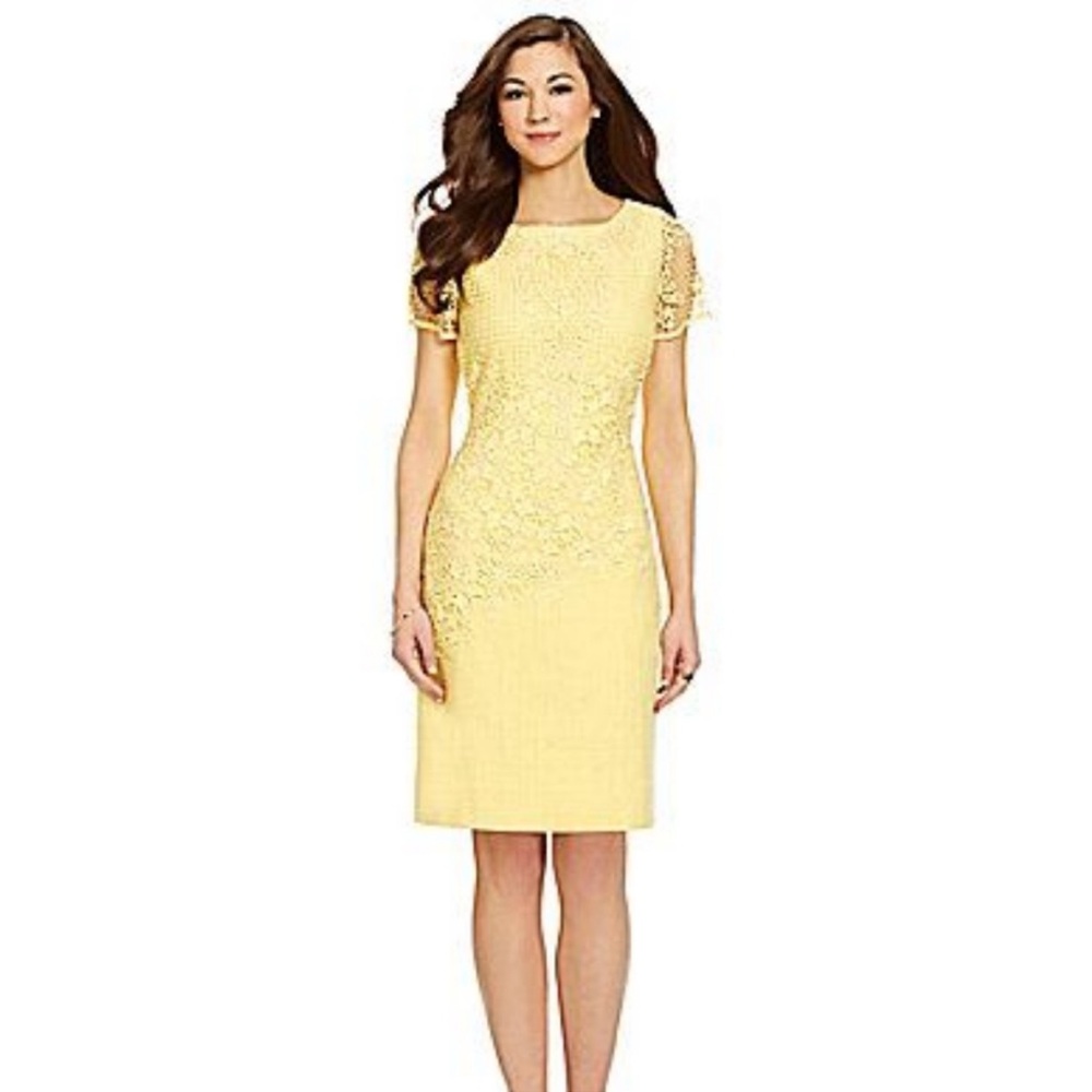 Antonio Melanie Yellow Tweed Crochet Embroidered Short Sleeve Sheath Dress 2